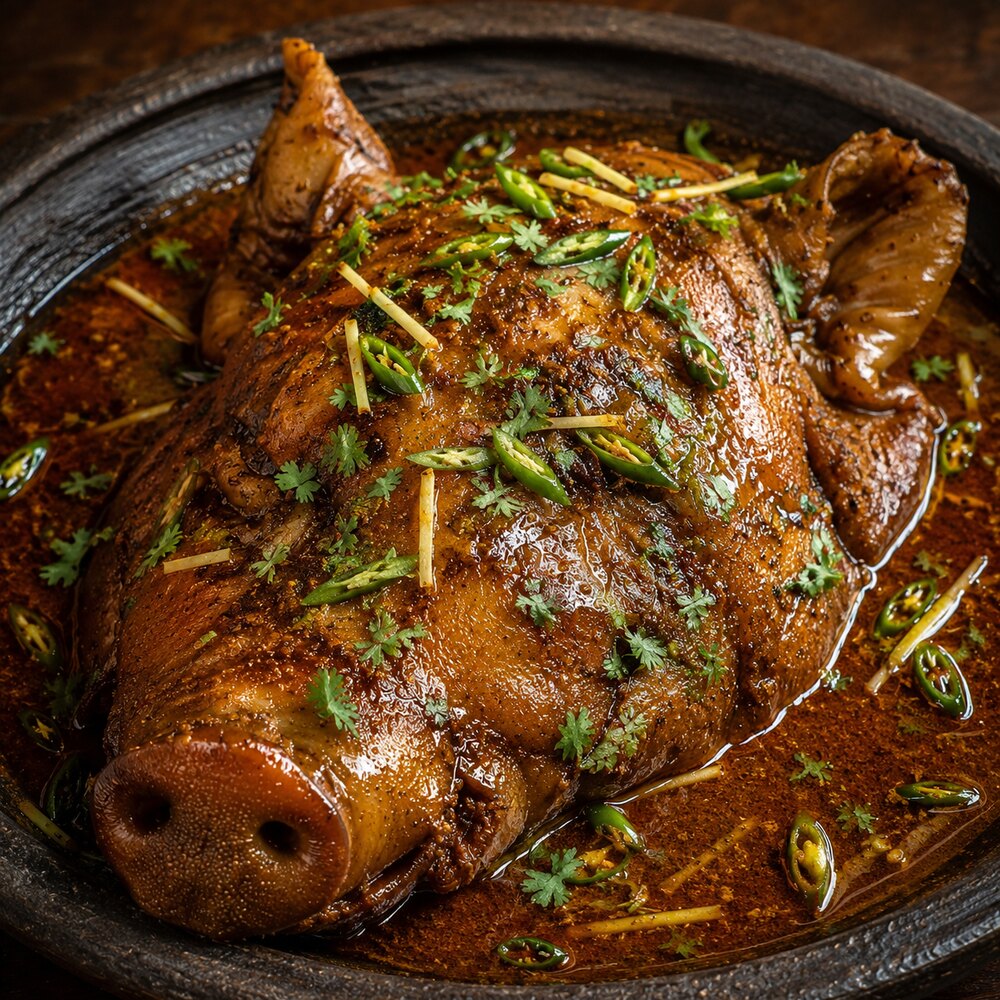 Close-up view of Pork Mapum Thongba
